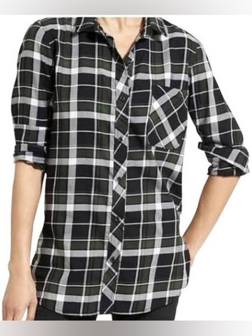 Athleta Sierra Plaid Button Up Shirt Women’s M Black Green Plaid Long Sleeve